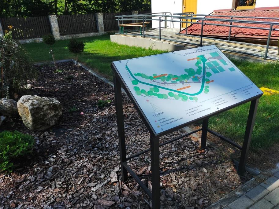 Mapa tyflograficzna obiektu przy ścieżce sensorycznej. Mapa tyflograficzna ścieżki sensorycznej znajdująca się przy chodniku. W tle podjazd do budynku.