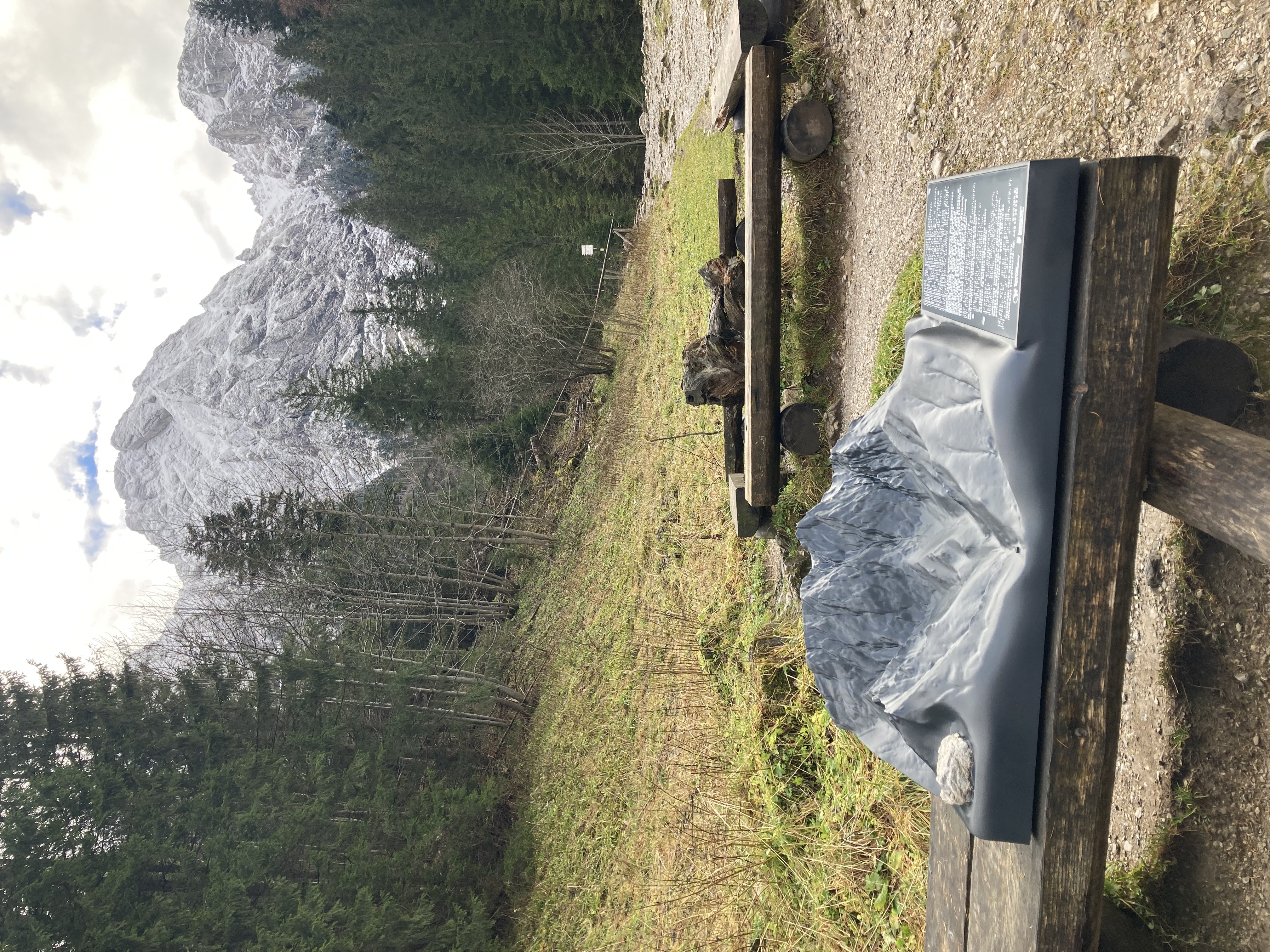 Tyflomapa Giewontu na szlaku Tyflomapa Giewontu ustawiona na ławce przy szlaku. Wokół las, a w tle Giewont.