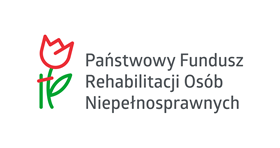 Logotyp z napisem Państwowy fundusz Rehabilitacji Osób Niepenosprawnych, z lewej strony grafika przedstawiajaca kwiat podparty tyczką
