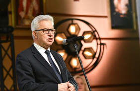 Pokaż zdjęcie: Mężczyzna w garniturze, przed nim mikrofon