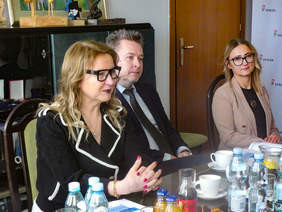 Pokaż zdjęcie: Sala konferencyjna. Przy stole siedzą uczestnicy spotkania. Trwa dyskusja.