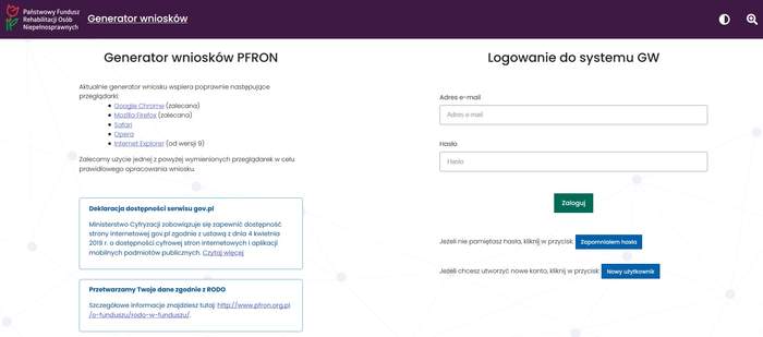 Ekran logowania, napis nagłówka - Logowanie do systemu Generator Wniosków.